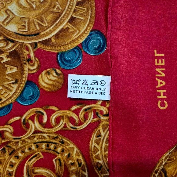 Chanel (Authentic) Red & Gold Jewel Motif 100% Silk Large 34" Vintage Scarf EUC - Picture 7 of 9